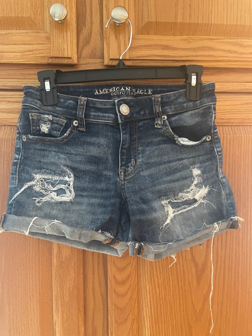 American Eagle Outfitters Dark Blue Distressed Roll-Hem Denim Shorts